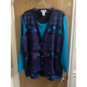 Vintage Women's Alfred Dunner Cardigan Sweater Turquoise Navy Purple 2X Button
